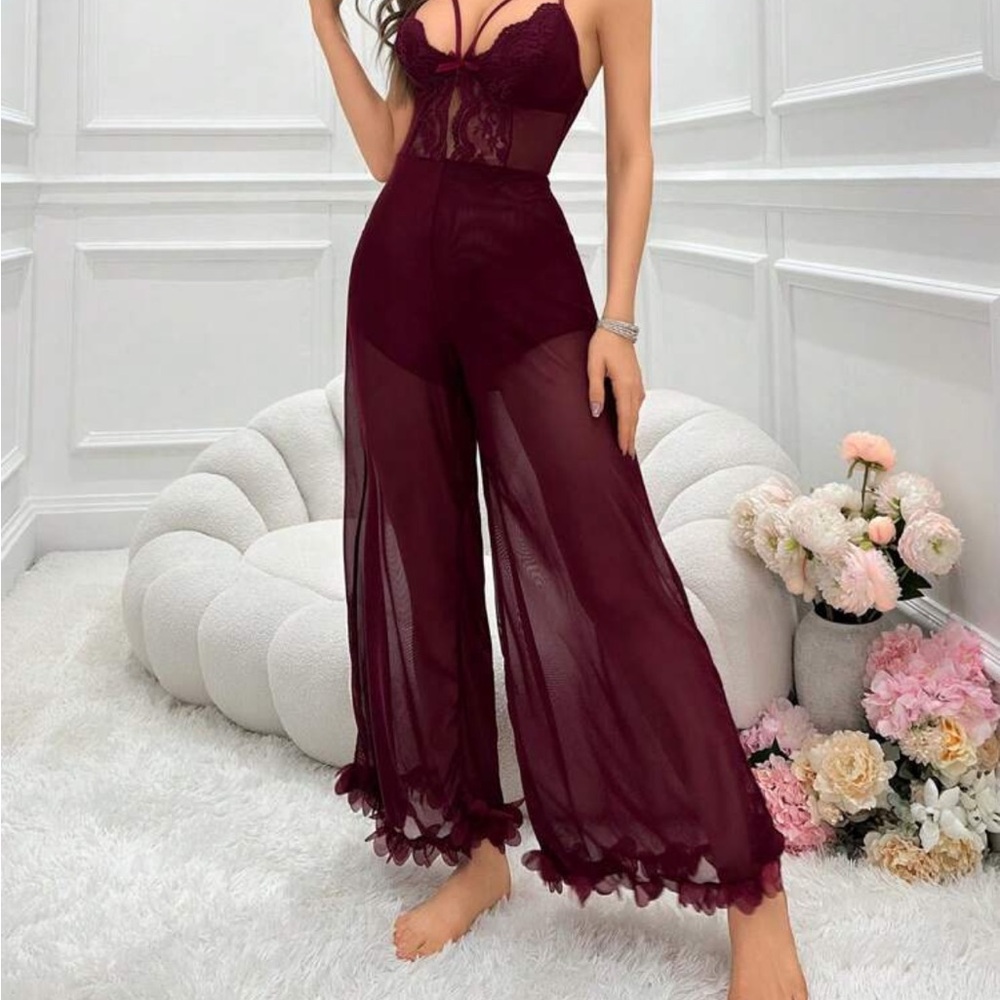 Sheer Lace Bodysuit Jumpsuit in Deep Burgundy